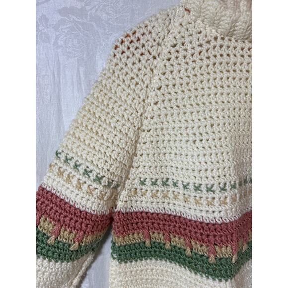 Handmade Sweater Knit Large Cream Mauve Green Striped Cozy Ski Long High Neck - Picture 4 of 8